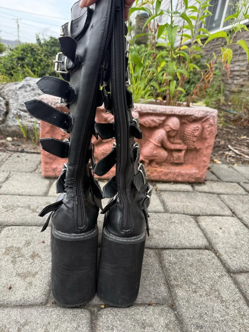 Black Platform Studded Buckle Boots - Women